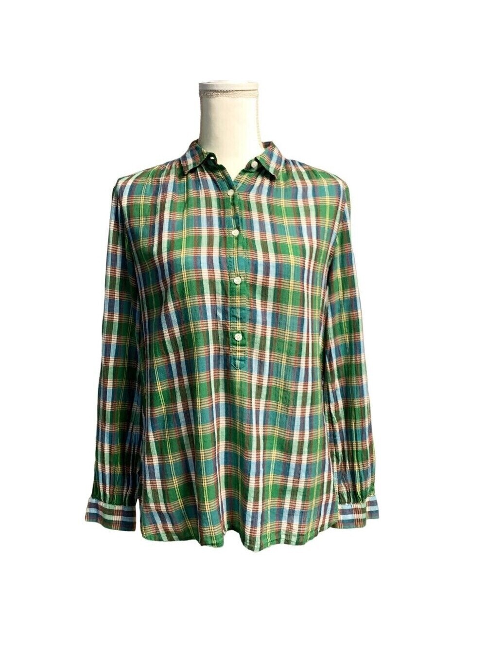 J.Crew Womens Green Plaid Cotton Popover Blouse Long Sleeve Size 2